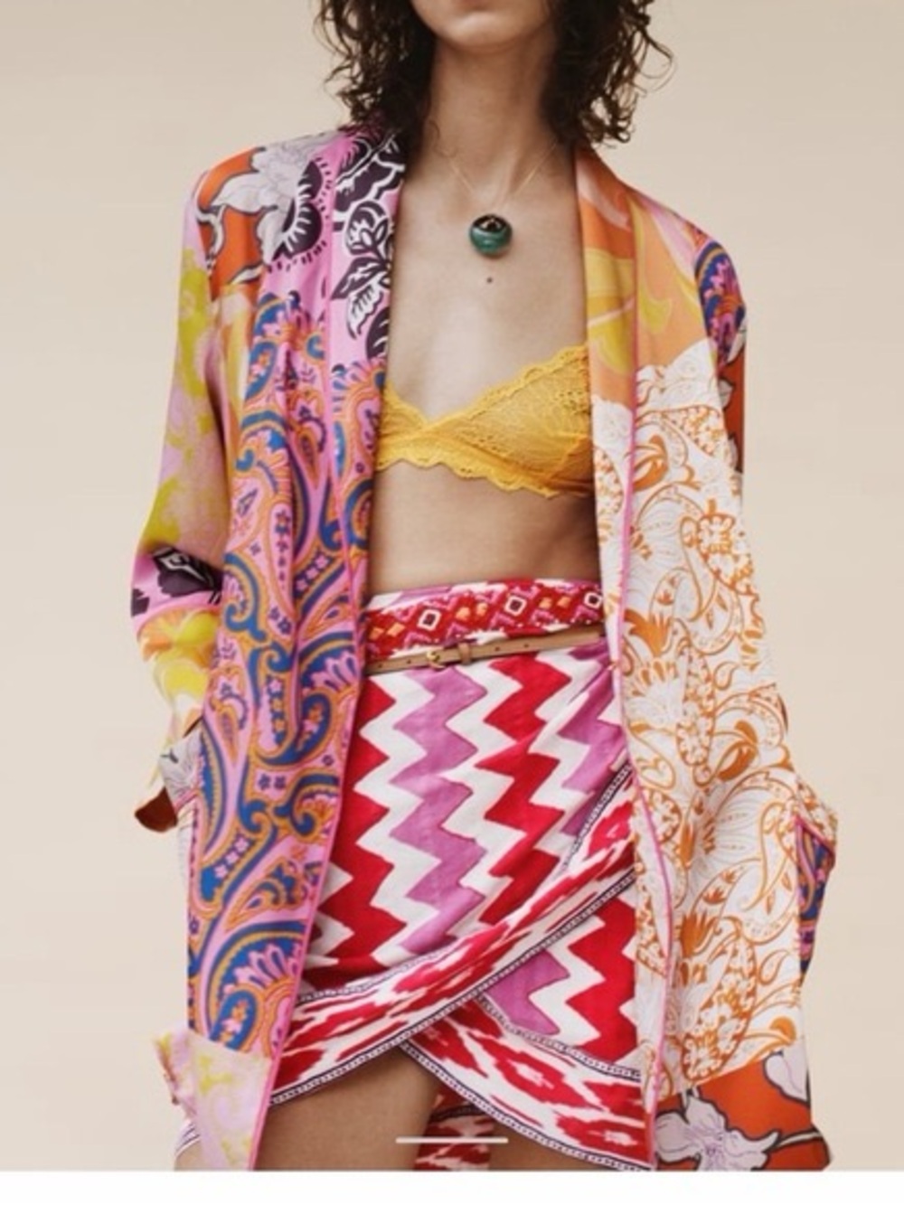 Print Kimono Jacket with Pink & Orange Paisley and IKAT wrap skirt outfit